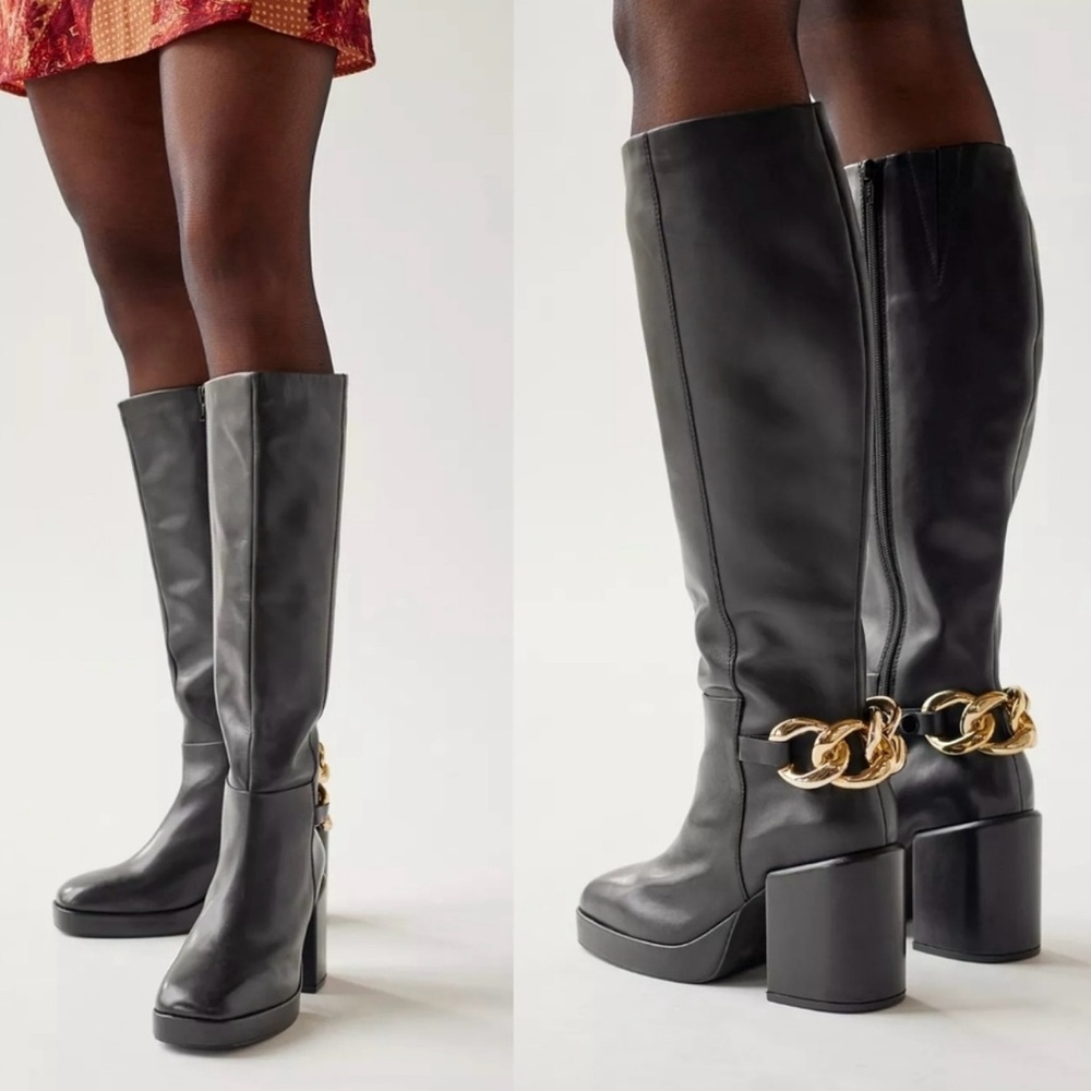 Seychelles Black Knee-High Boots with Gold Chain Detail